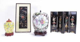 Appraisal: Description Group of Oriental Decorative Accessories including Famille Noire porcelain