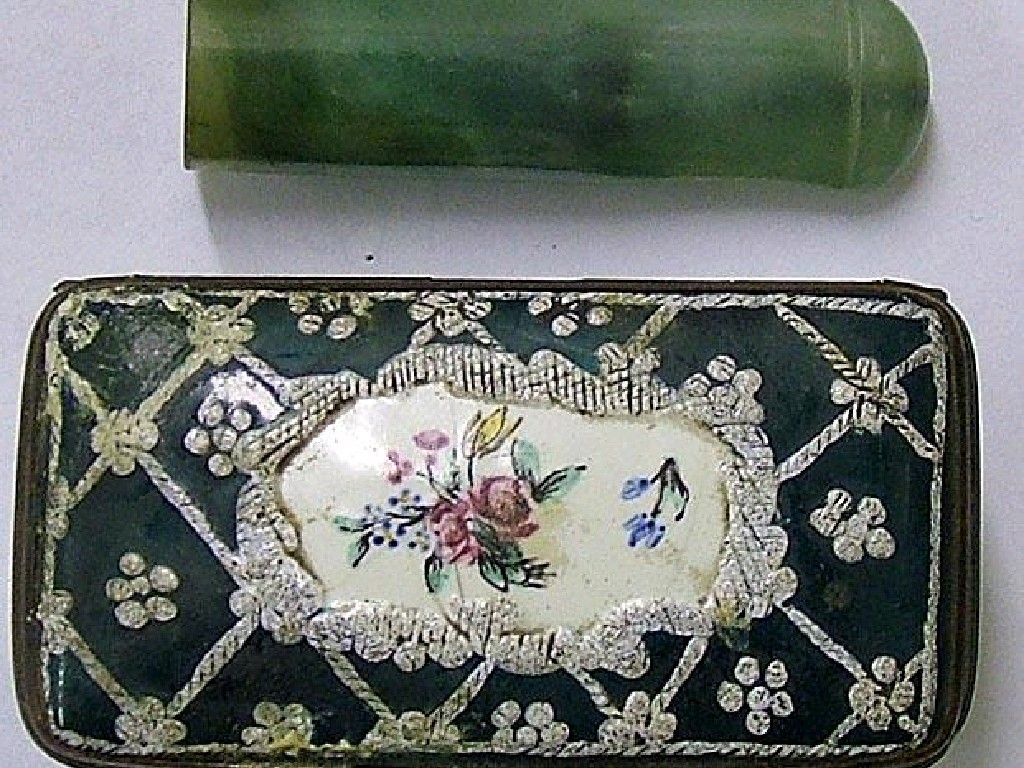 Appraisal: th century rectangular hinge lidded enamel pill box hand painted