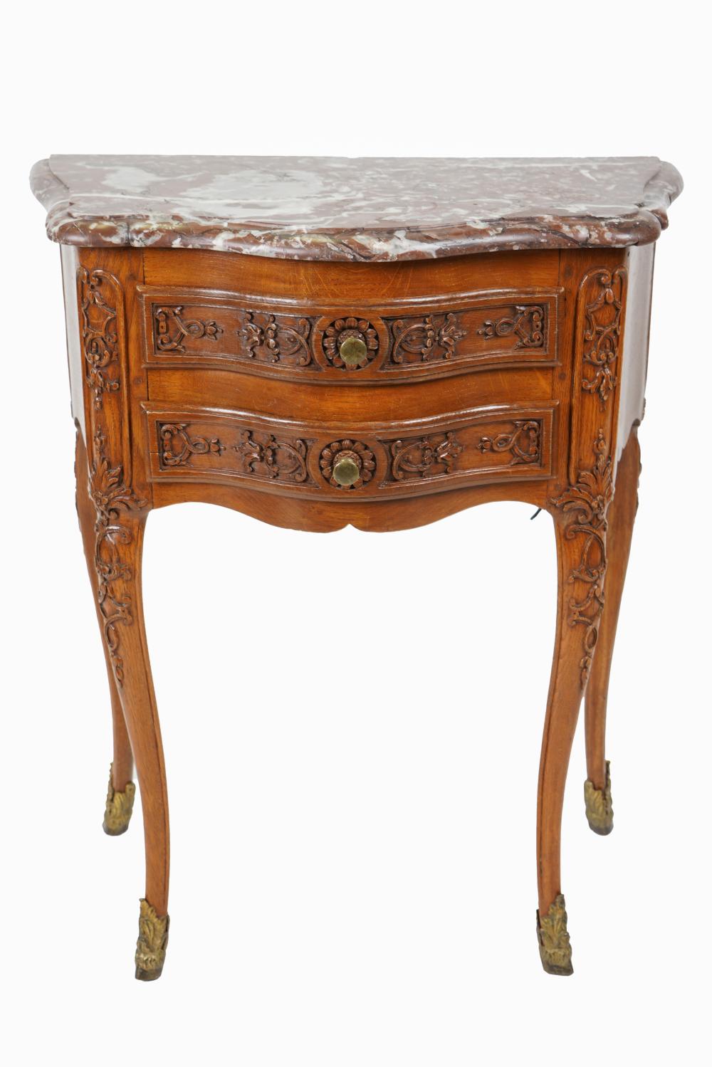 Appraisal: LOUIS XV STYLE CARVED OAK MARBLE TOP TABLEwith two drawers