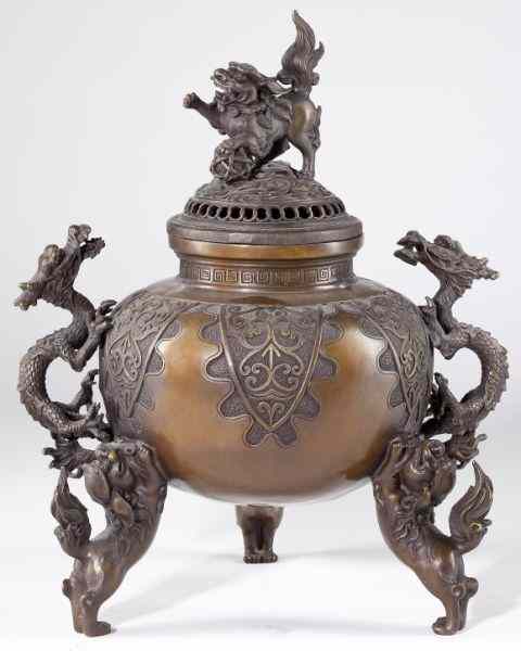 Appraisal: Chinese Patinated Bronze Tripod Censermark on the underside three foo