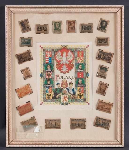 Appraisal: Framed arrangement of Polish Semi-Postal stamps with a signed Arthur