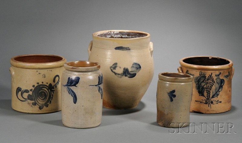 Appraisal: Five Cobalt-decorated Stoneware Items America th century two wide-mouth straight-sided