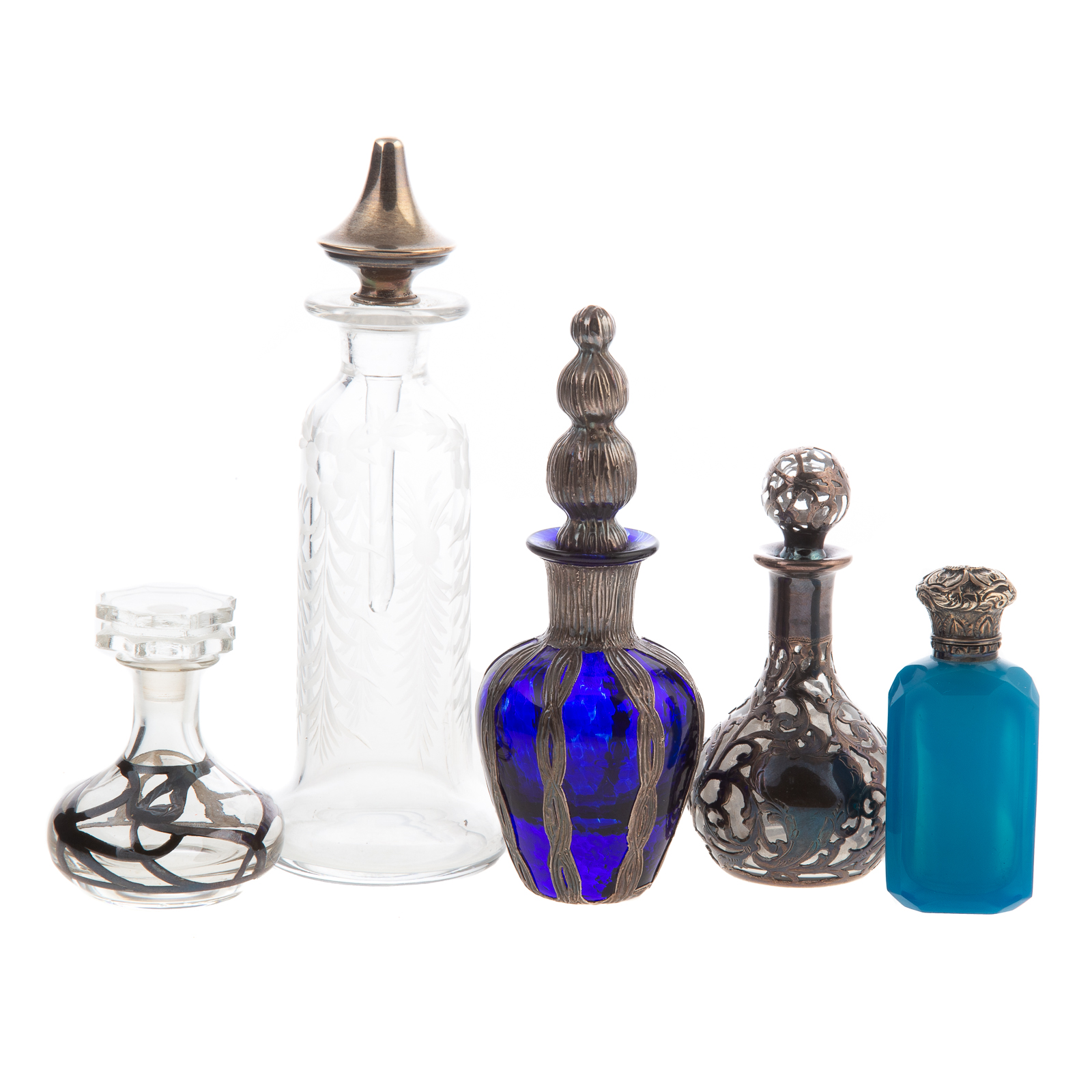 Appraisal: FIVE SILVER GLASS SCENT BOTTLES th century cobalt bottle with