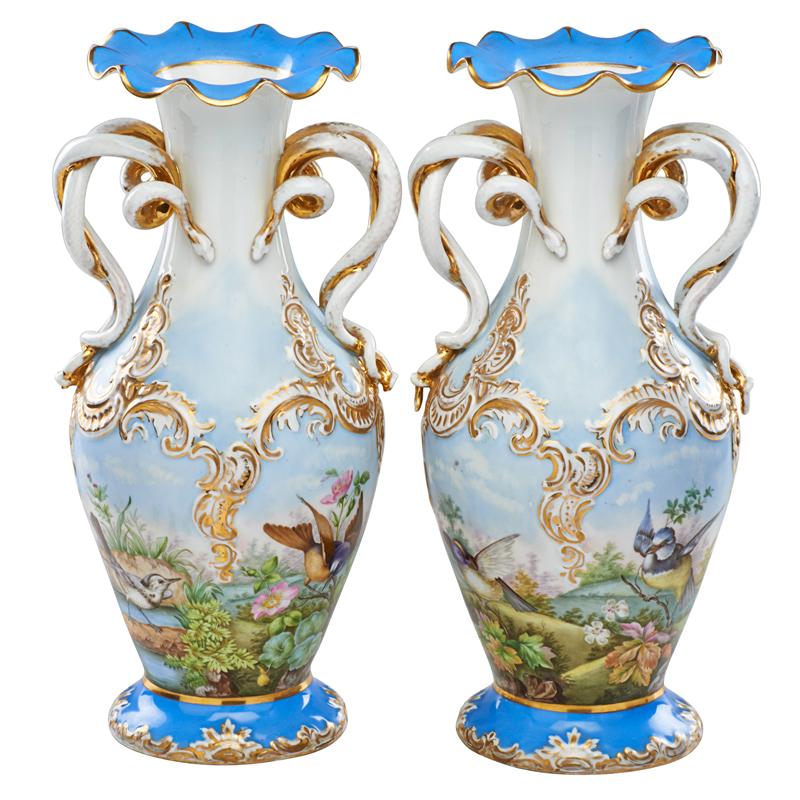 Appraisal: PAIR OF PARIS PORCELAIN VASES Decorated with birds and animals