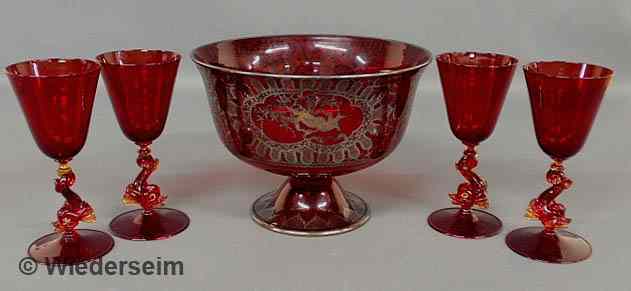 Appraisal: Red glass punchbowl with silver overlay h x dia and