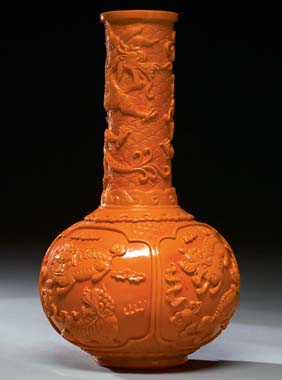 Appraisal: CARVED CORAL GLASS BOTTLE VASE Very unusual and beautifully carved