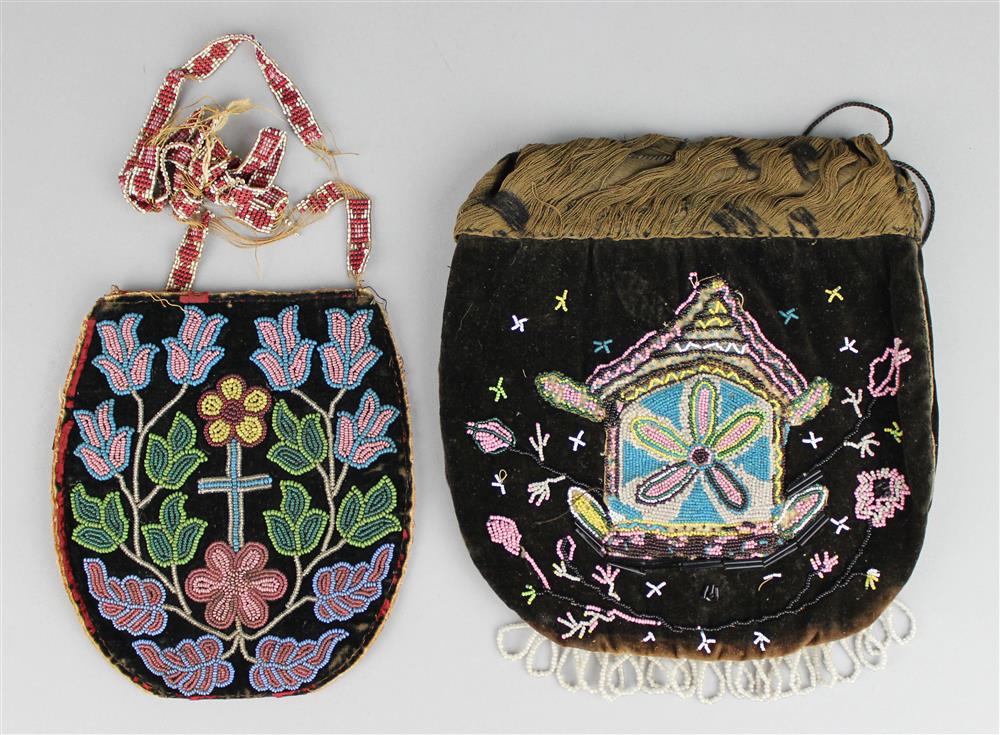 Appraisal: TWO WOODLANDS GREAT LAKES BEADED CLOTH POUCHES each finely detailed