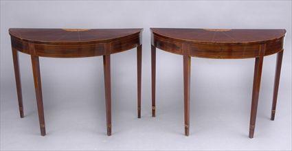 Appraisal: PAIR OF GEORGE III INLAID MAHOGANY DEMILUNE CONSOLE TABLES Each