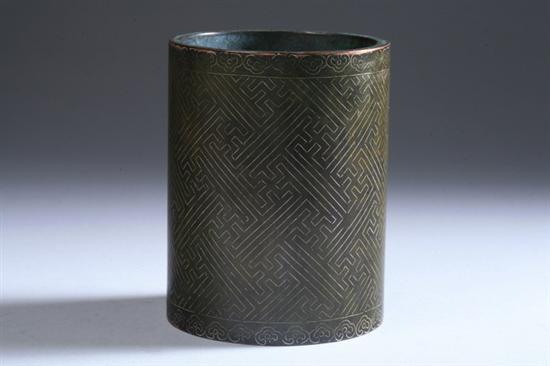 Appraisal: CHINESE BRONZE SILVER INLAID BRUSH HOLDER Three-character mark - in