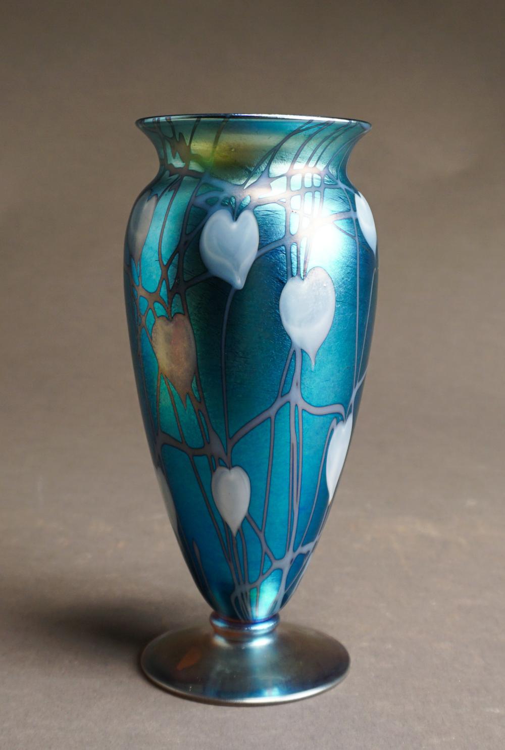 Appraisal: Durand Heart and Vine Blue Iridescent Glass Vase Numbered -