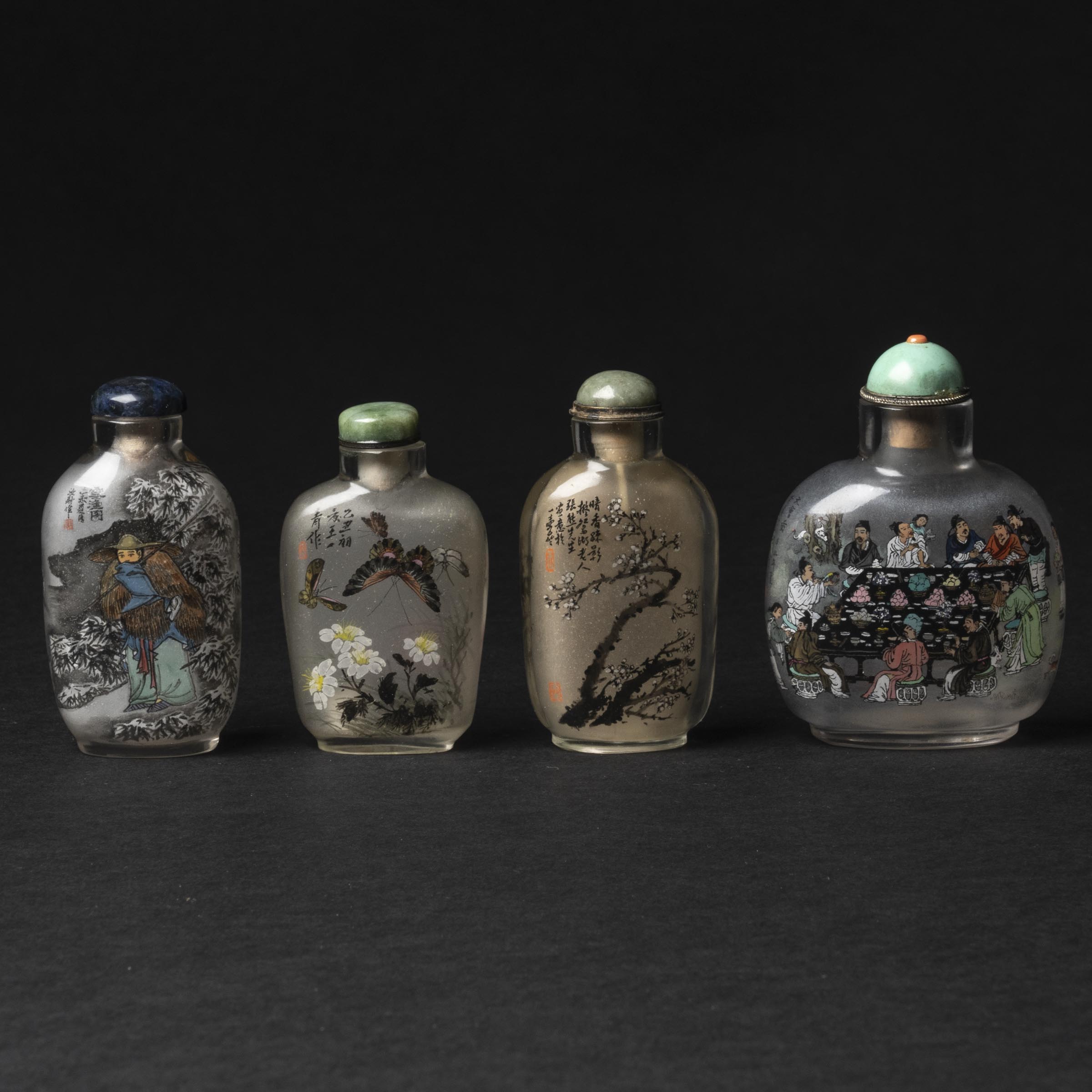 Appraisal: A Group of Four Inside-Painted Glass Snuff Bottles th Century