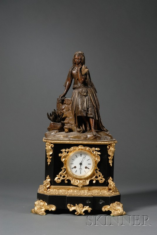 Appraisal: French Bronze and Slate Figural Mantel Clock late th early