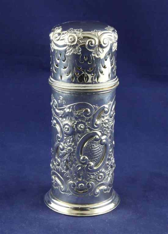 Appraisal: A late Victorian silver lighthouse sugar caster embossed with scrolls