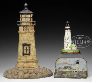 Appraisal: TWO CAST IRON LIGHT HOUSE DOOR STOPS AND A LIGHT