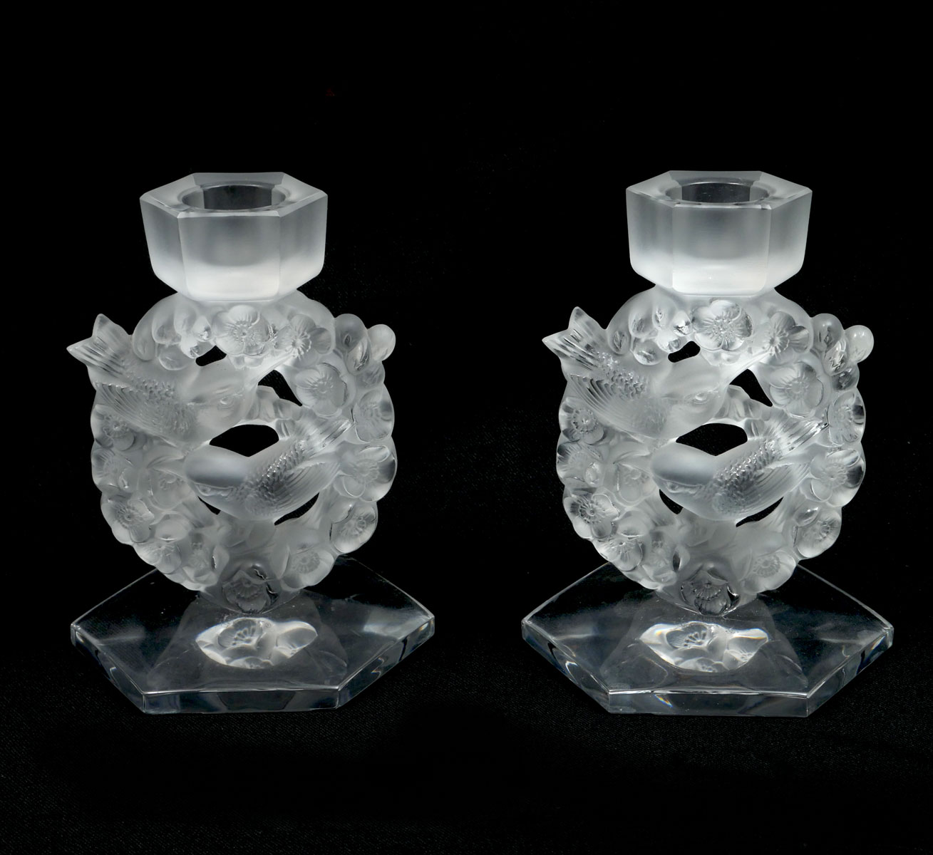 Appraisal: PAIR OF LALIQUE ''MESANGES'' CANDLESTICKS Pair of Lalique ''Mesanges'' Frosted