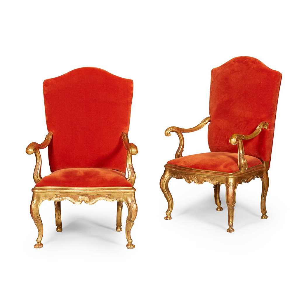 Appraisal: PAIR OF VENETIAN CARVED GILTWOOD ARMCHAIRS TH CENTURY the arched