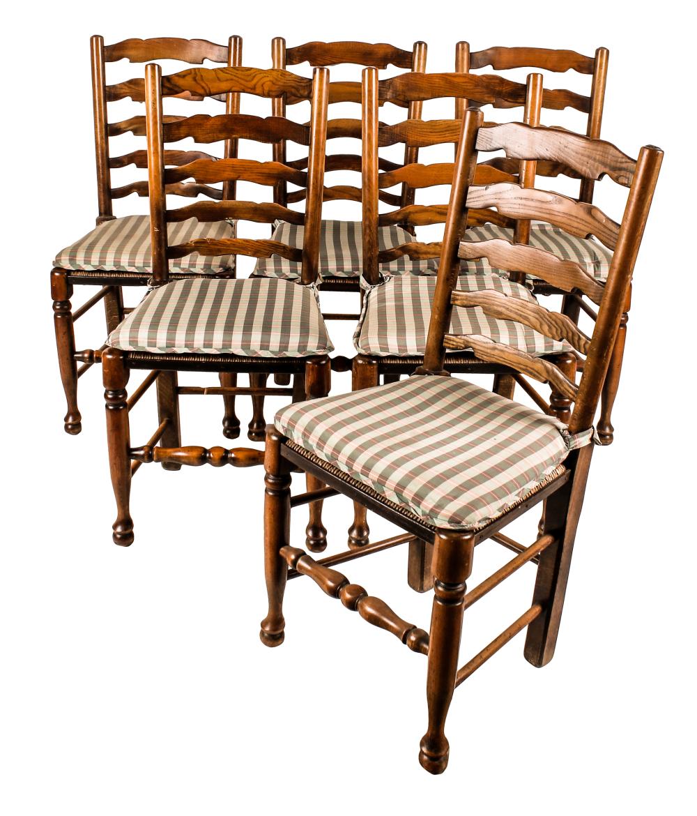 Appraisal: SET OF SIX LADDER-BACK CHAIRS th century with woven rush