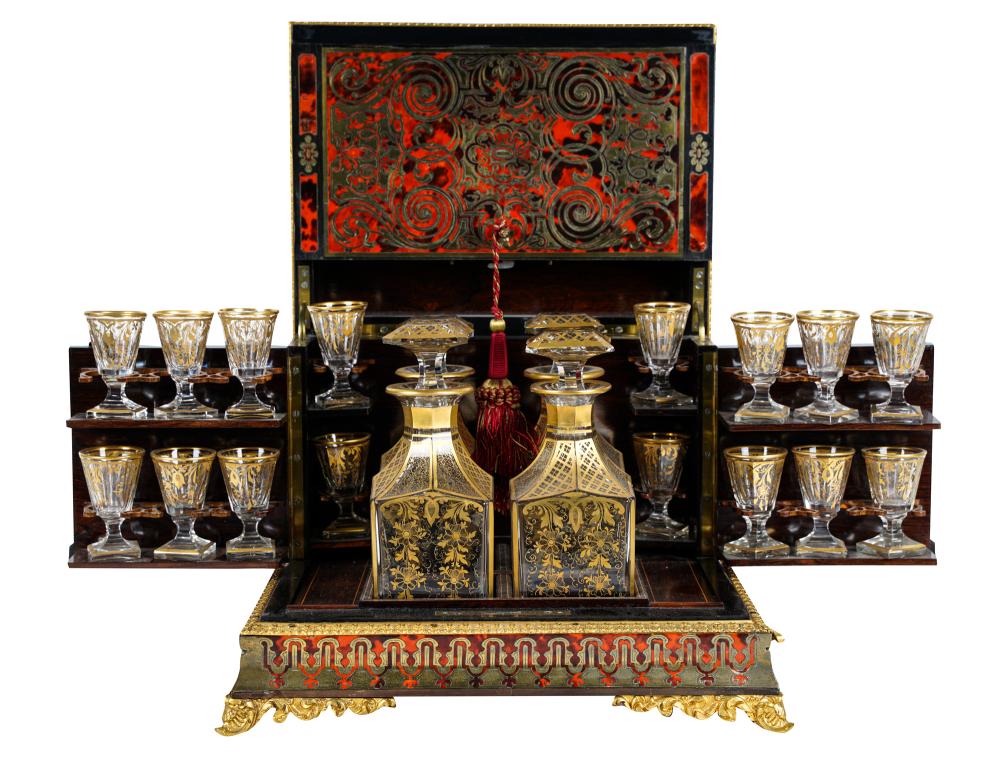 Appraisal: BOULLE INLAID GILT-BRONZE TANTALUScomprising sixteen gilt overlay cordials and four