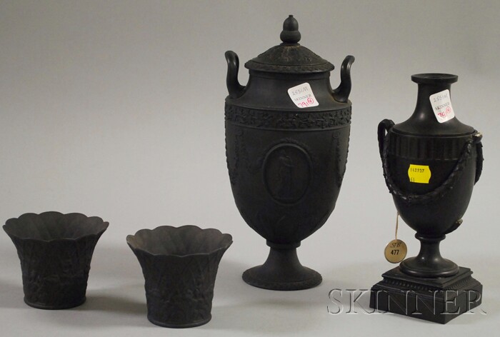 Appraisal: Four Wedgwood Black Basalt Items a cassolette a vase with