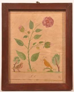 Appraisal: th Century Fraktur Watercolor Drawing of Birds and Flowers Initialed