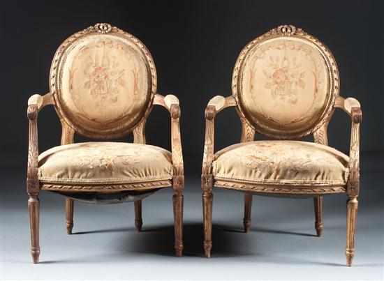 Appraisal: Pair of Louis XVI style giltwood tapestry upholstered fauteuils th