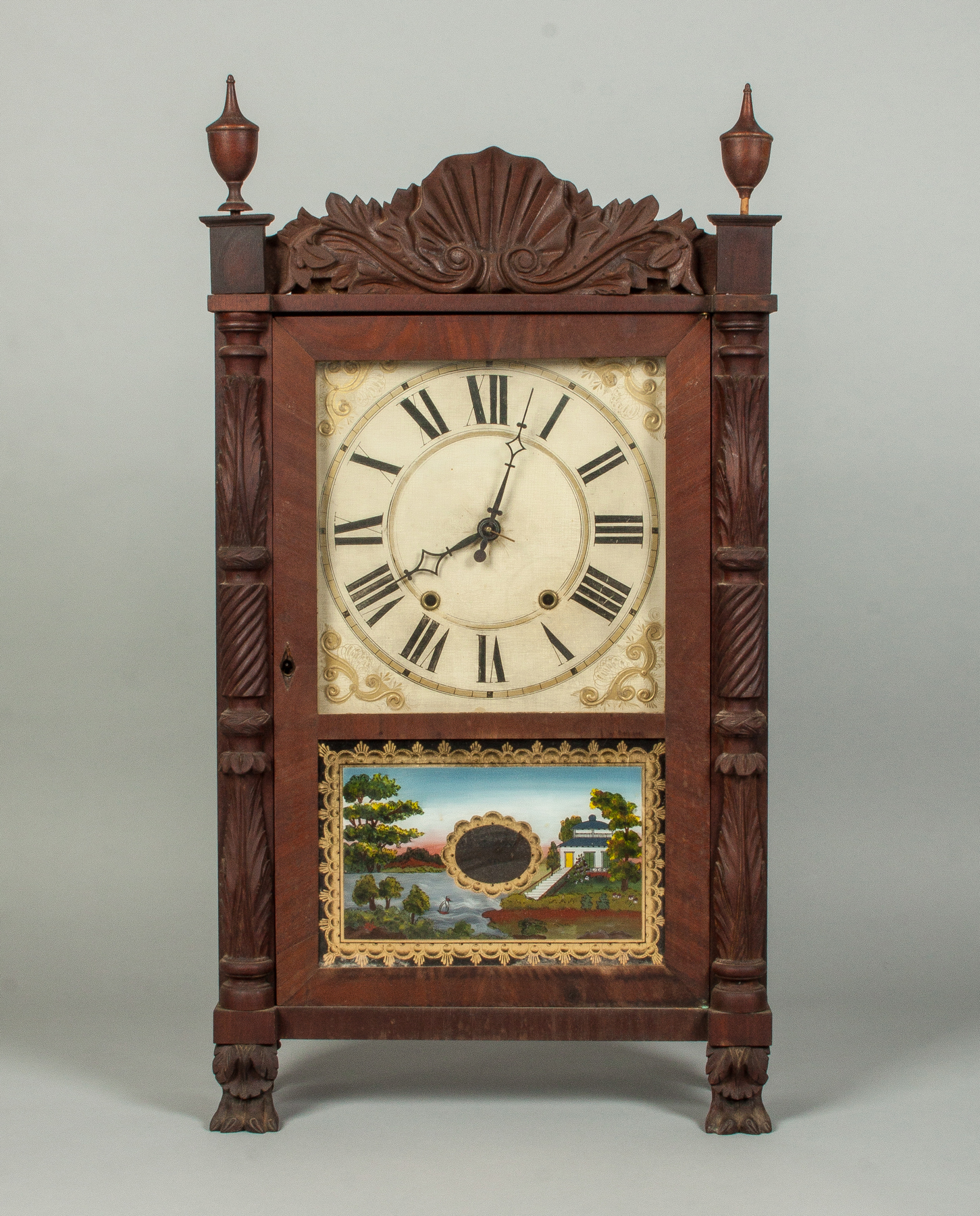 Appraisal: Riley Whiting Shelf Clock Carved mahogany case crest replaced Original