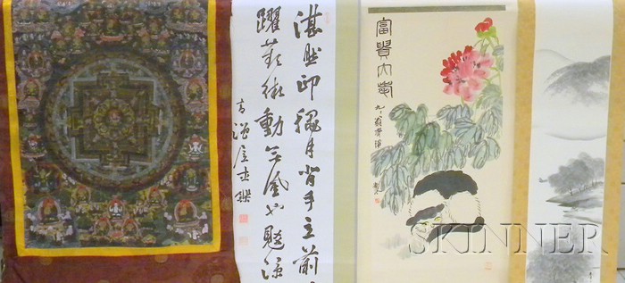 Appraisal: Four Asian Hanging Items three Japanese hanging scrolls one cased