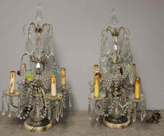 Appraisal: Pair of Crystal Girondelles with Colored GlassFruit Shaped Drops From