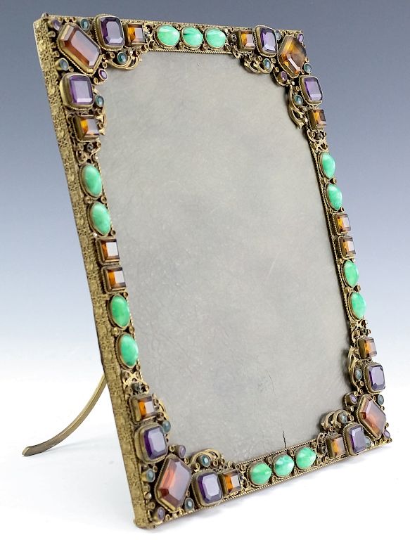 Appraisal: Austrian Brass Bohemian Glass Jewel Picture Frame Fine antique Austrian