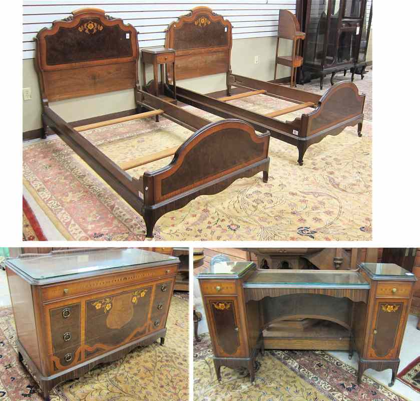 Appraisal: FIVE-PIECE INLAID BURL WALNUT AND MAHOGANY BEDROOM FURNITURE SET French