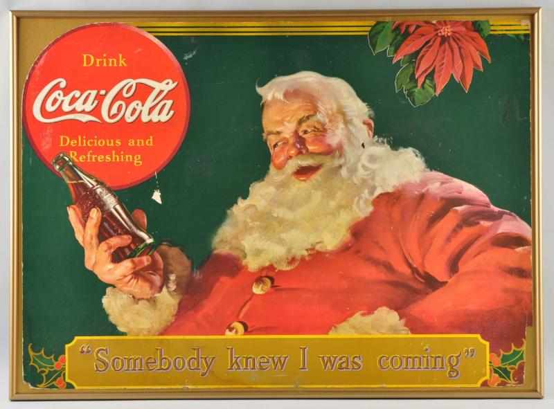 Appraisal: Cardboard Coca-Cola Santa Poster Mounted on a gold background cardboard