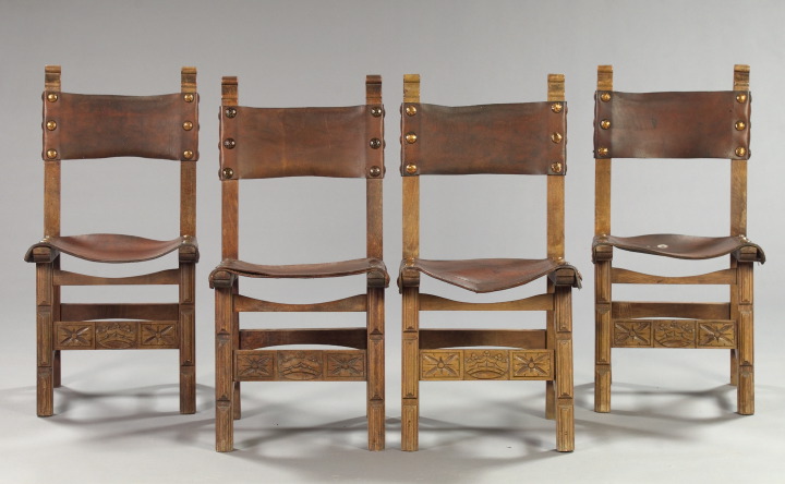 Appraisal: Suite of Four Elmwood and Leather-Bound Sidechairs the leather seat