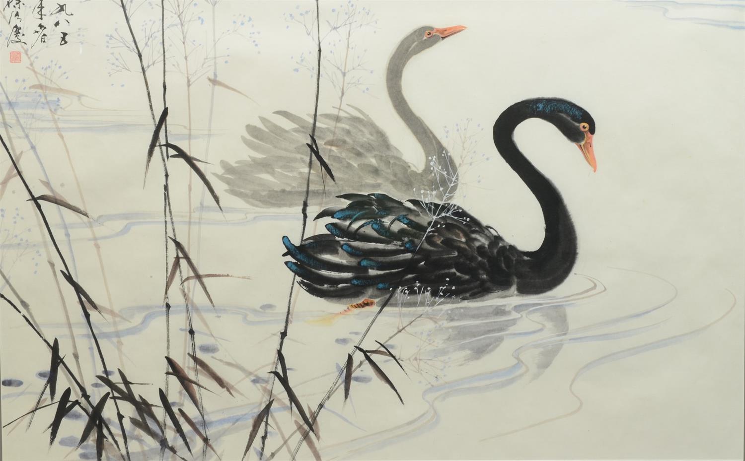 Appraisal: Chinese School th Century hand embellished print Swans x sight