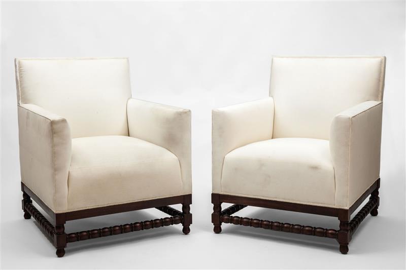 Appraisal: Pair of Armchairs Contemporary Walnut white linen x x in