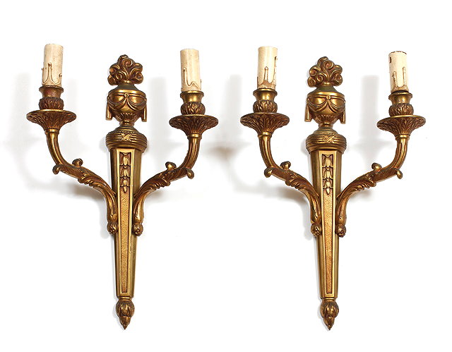 Appraisal: A PAIR OF GILT METAL TWO BRANCH WALL LIGHTS with