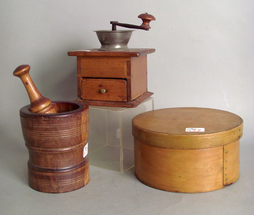 Appraisal: Mortar pestle together with a coffee grinder and bentwood box