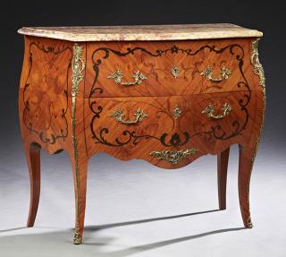 Appraisal: French Louis XV Style Inlaid Mahogany Ormolu Mount French Louis