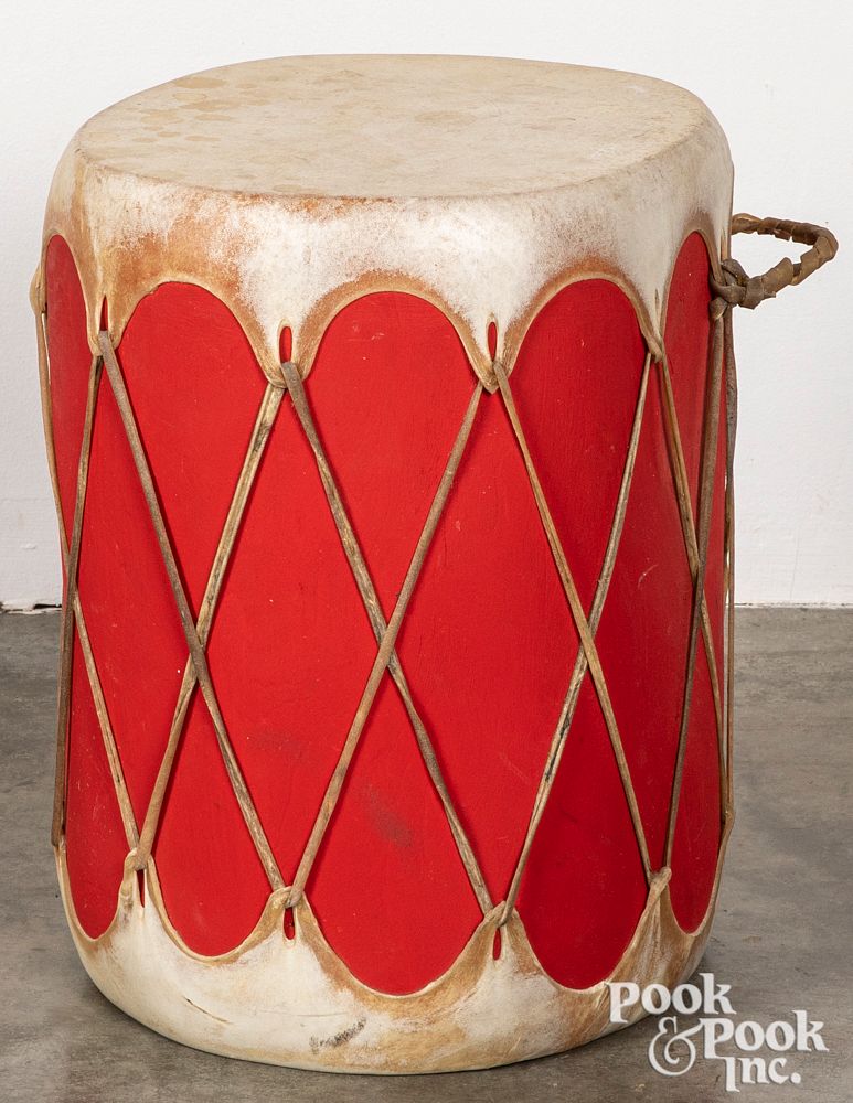 Appraisal: Large painted Cochiti Pueblo Indian hide drum Large painted Cochiti