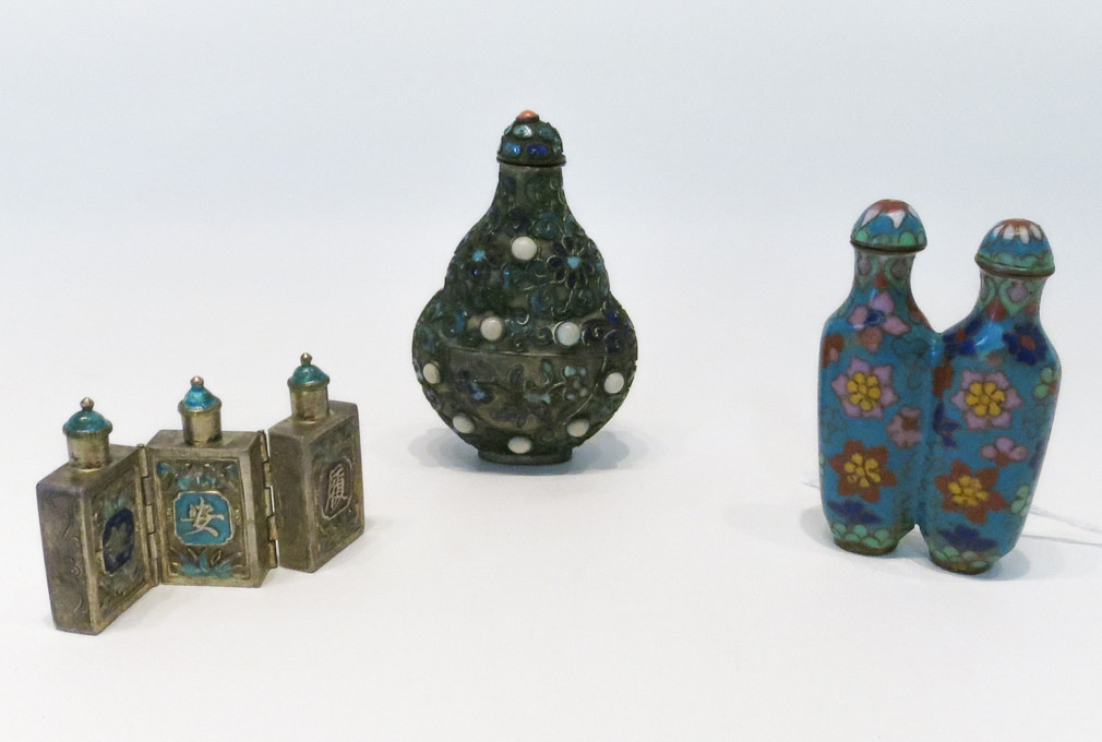 Appraisal: THREE CHINESE ENAMELED METAL SNUFF BOTTLES cloisonne double bottle with