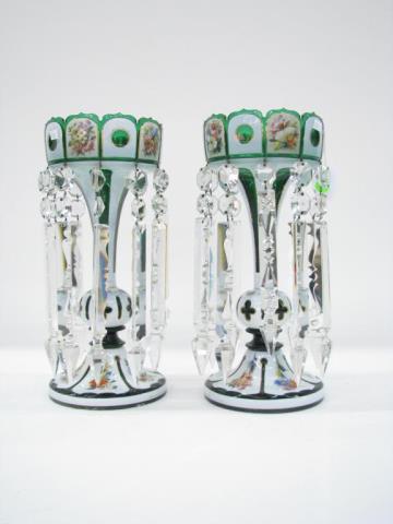 Appraisal: A pair of green Victorian cased glass lustres with crystal