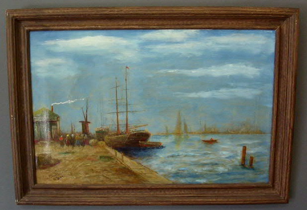 Appraisal: Oil on canvas painting of a harbor scene with schooners