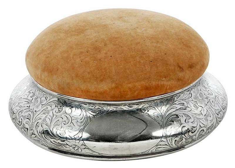 Appraisal: Tiffany Sterling Sewing Box American - round with engraved scroll