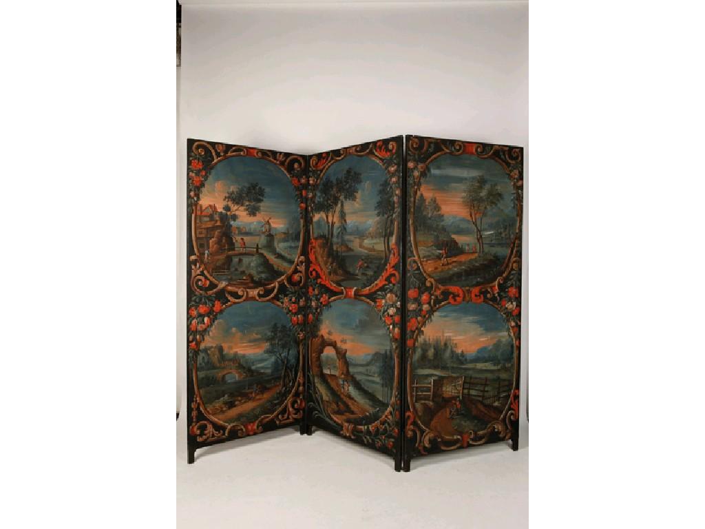 Appraisal: A PAIR OF THREE FOLD PAINTED SCREENS each decorated with