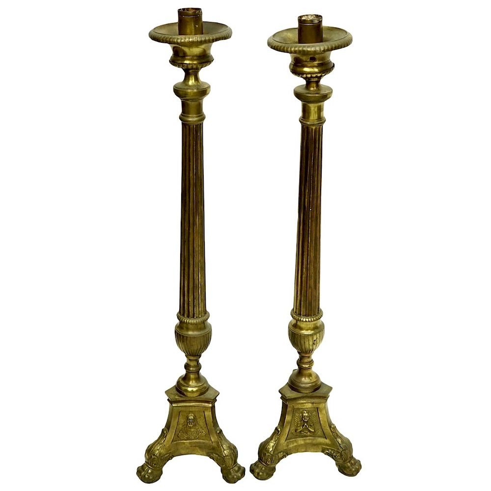 Appraisal: Pair of Large Brass Ecclesiastical Candlesticks Pair of Large Brass