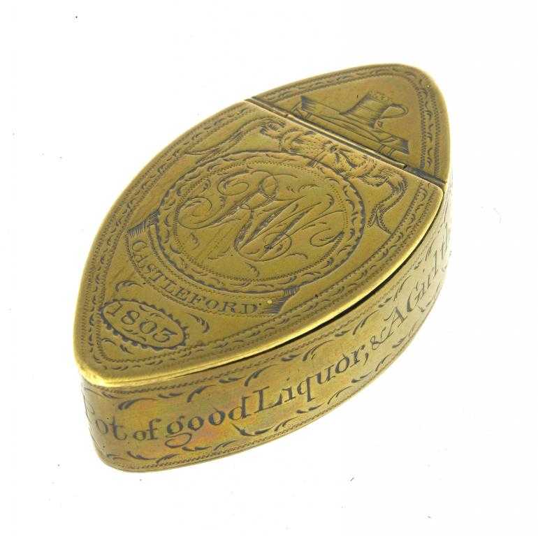 Appraisal: A GEORGE III DATED BRASS SNUFF BOX of navette shape