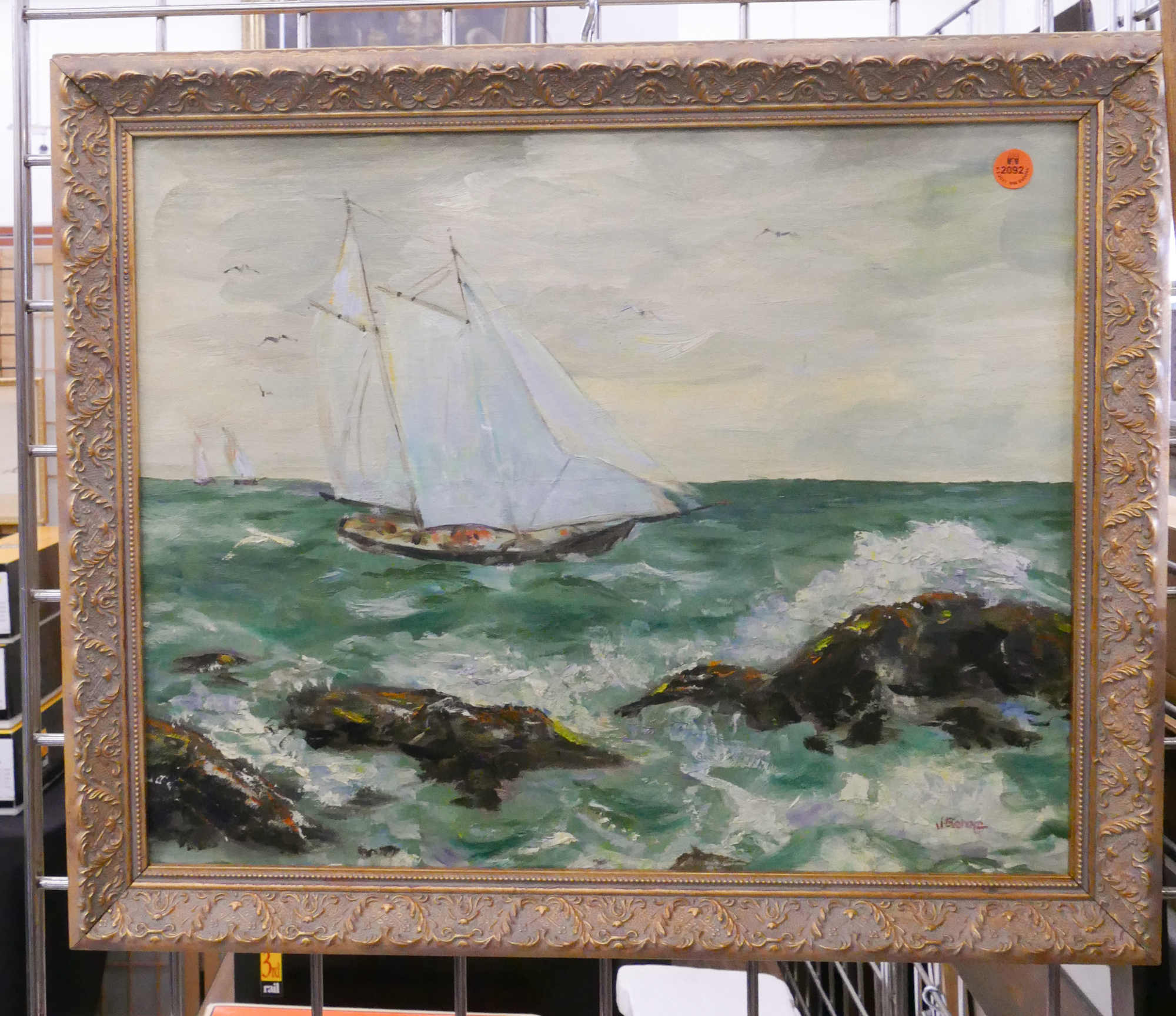 Appraisal: June Evanoff Sailboat in Rough Waters Oil Painting Framed- x