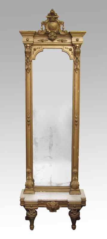 Appraisal: GOLD GILT PIER MIRROR ON MARBLE TOP BASE Gold gilt