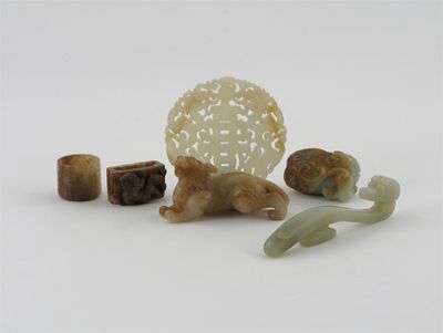 Appraisal: Six various Chinese jade carvings comprising a reticulated plaque carved