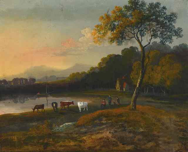 Appraisal: JOHN LAPORTE - River landscape at evening with figures and