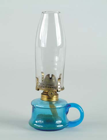 Appraisal: BLUE GLASS FINGER LAMP Early lamp has brass burner with